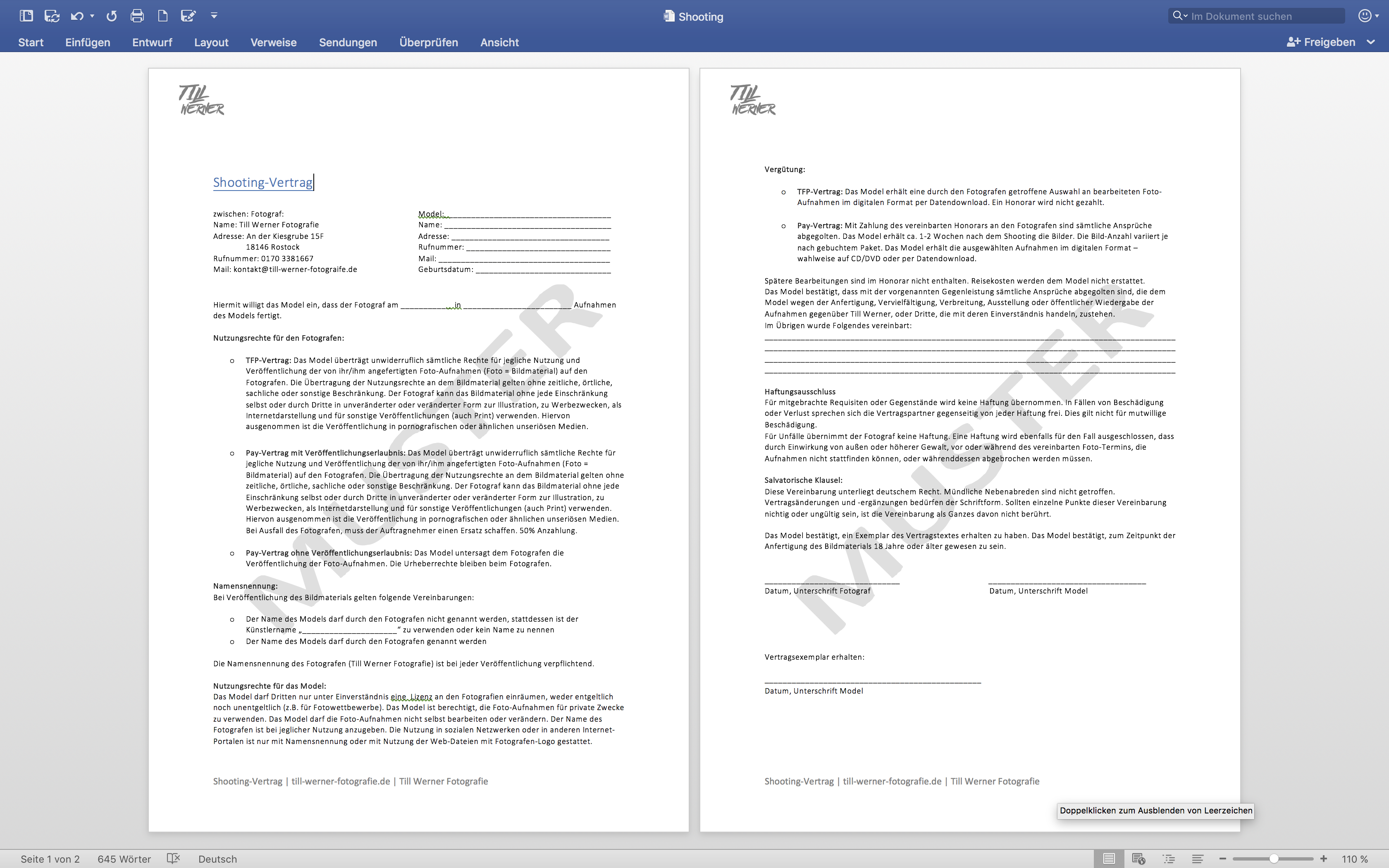 Fotoshooting/ TFP Vertrag als Vorlage - Till Werner Fotografie I Shop.